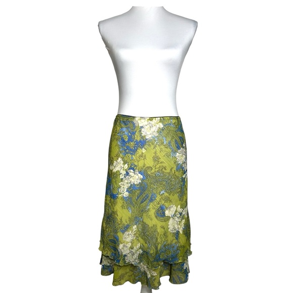 Vintage Y2K Skirt L Green Blue Floral Paisley Ruffle Fairycore Kim Rogers - Picture 3 of 9